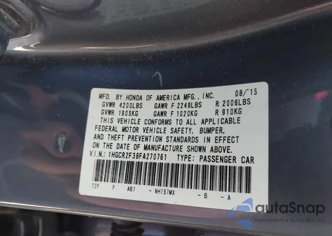 2015 Honda Accord Lx из США, поврежденный, VIN 1HGCR2F38FA270761